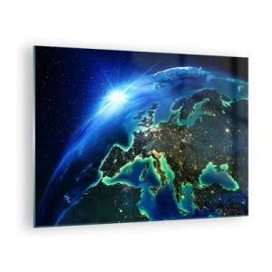Obraz na skle - Pohľad na Zem z vesmíru s Europou žiariacou v noci - 70x50cm - Iskrivá Európa - Moderná nástenná dekorácia do obývacej izby a spálne ARTTOR