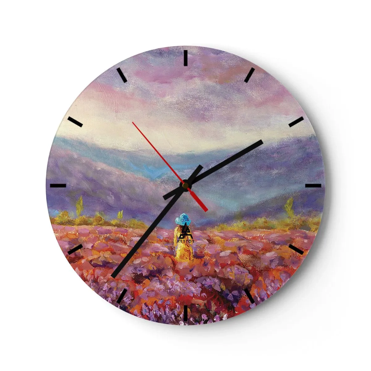Nástenné hodiny - Žena s klobúkom na levanduľovom poli s výhľadom na hory - 30x30cm - V levanduľovom svete - Moderná nástenná dekorácia do obývacej izby, kuchyne a spálne ARTTOR