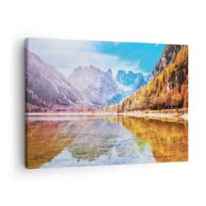 Obraz na plátne - Jesenná horská krajina s jazerom - 70x50cm - A v horách už je jeseň - Moderná nástenná dekorácia do obývacej izby a spálne ARTTOR