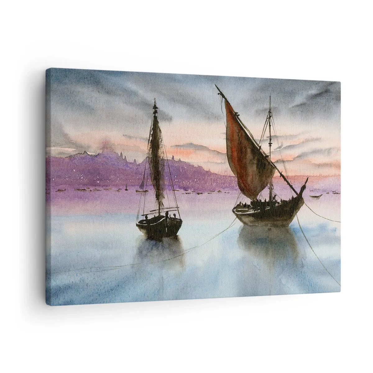Obraz na plátne - Dve plachetnice kotviace na pokojnej vode za súmraku - 70x50cm - Večer v prístave - Moderná nástenná dekorácia do obývacej izby a spálne ARTTOR