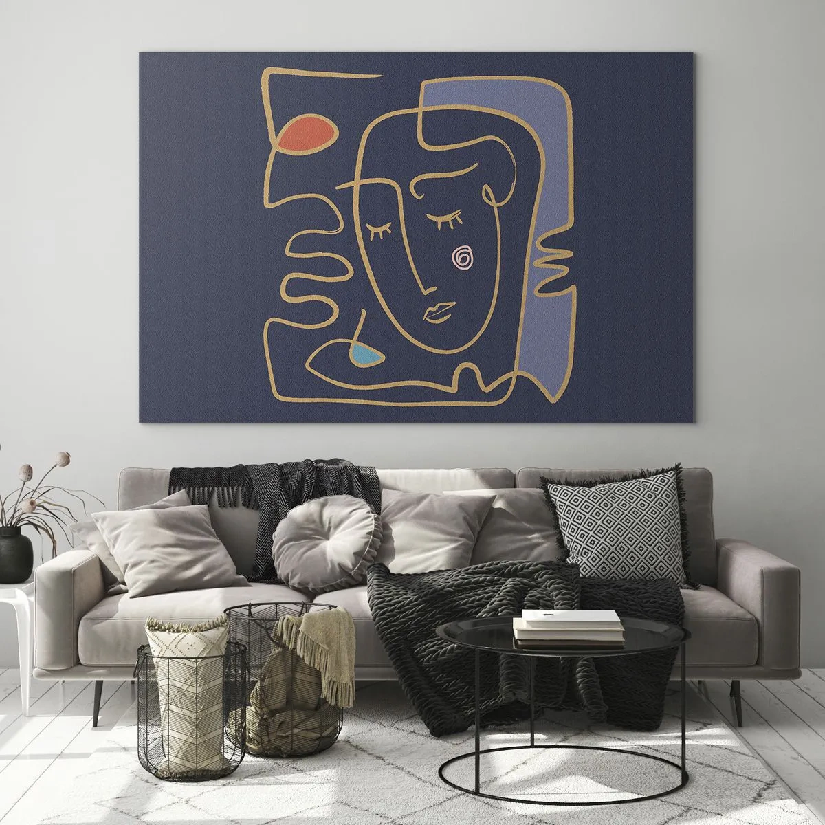 Obraz na skle - Abstraktná tvár v obryse na námorníckomodrom pozadí - 70x50cm - V zádumčivosti - Moderná nástenná dekorácia do obývacej izby a spálne ARTTOR