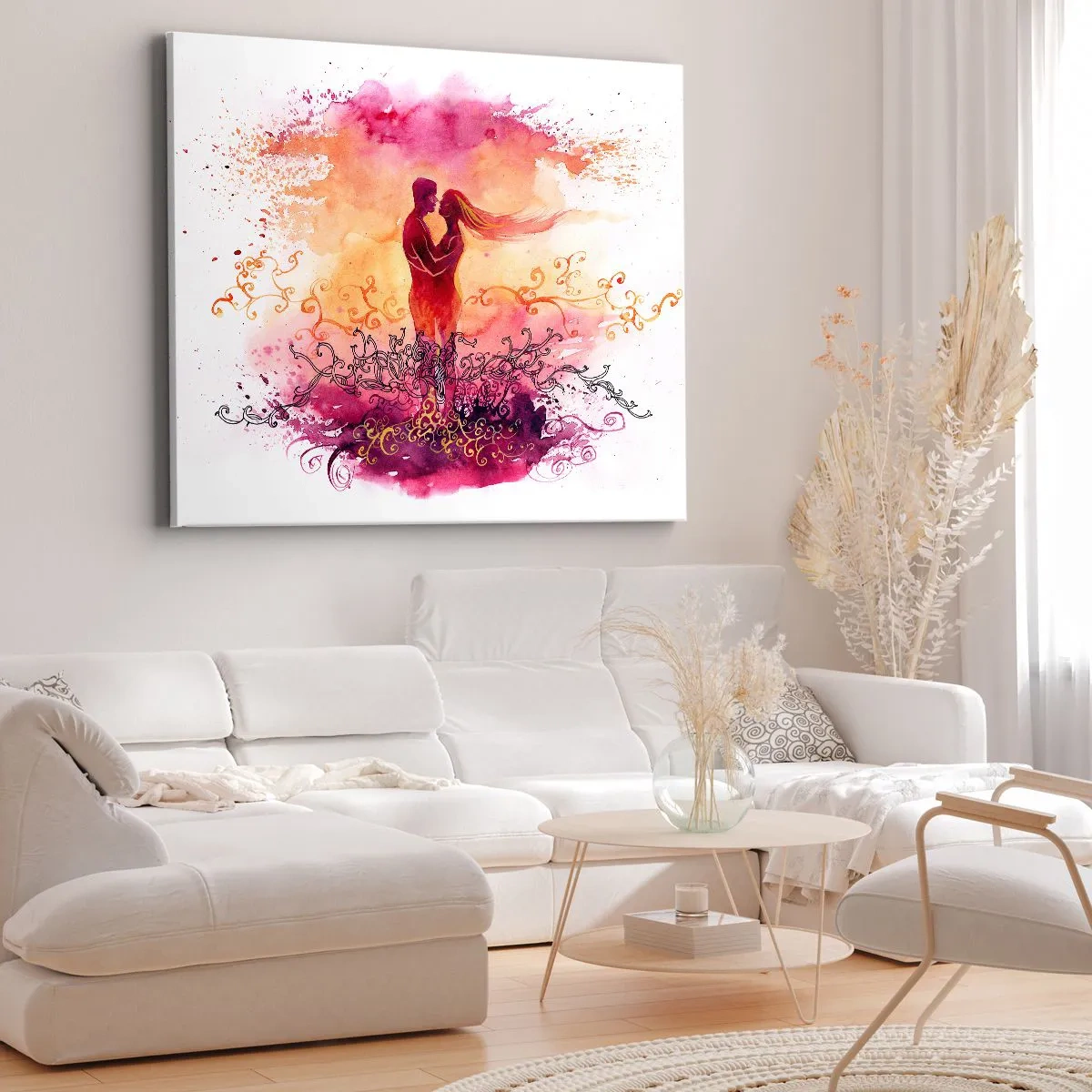 Obraz na plátne - Pár objímajúci sa na pozadí abstraktného ružového a oranžového vzoru - 70x50cm - Jedno srdce! Potrebujem tak málo… - Moderná nástenná dekorácia do obývacej izby a spálne ARTTOR