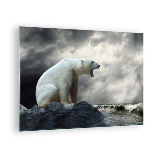 Obraz na skle - Ľadový medveď na pozadí búrlivej oblohy - 70x50cm - Samotný kráľ Arktídy - Moderná nástenná dekorácia do obývacej izby a spálne ARTTOR