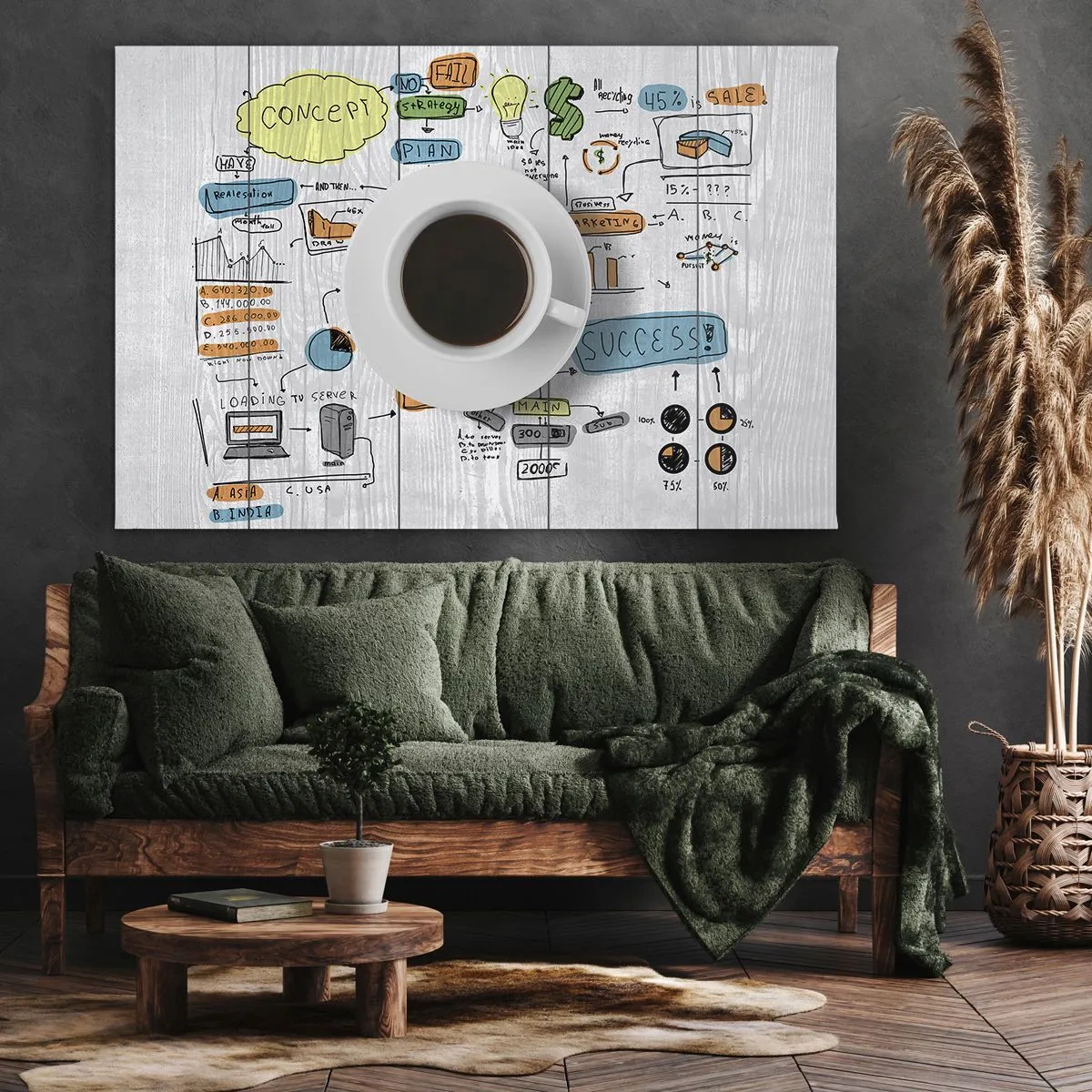 Obraz na plátne - Šálka kávy na pozadí koncepčnej kresby - 70x50cm - Čas na prestávku - Moderná nástenná dekorácia do obývacej izby a spálne ARTTOR