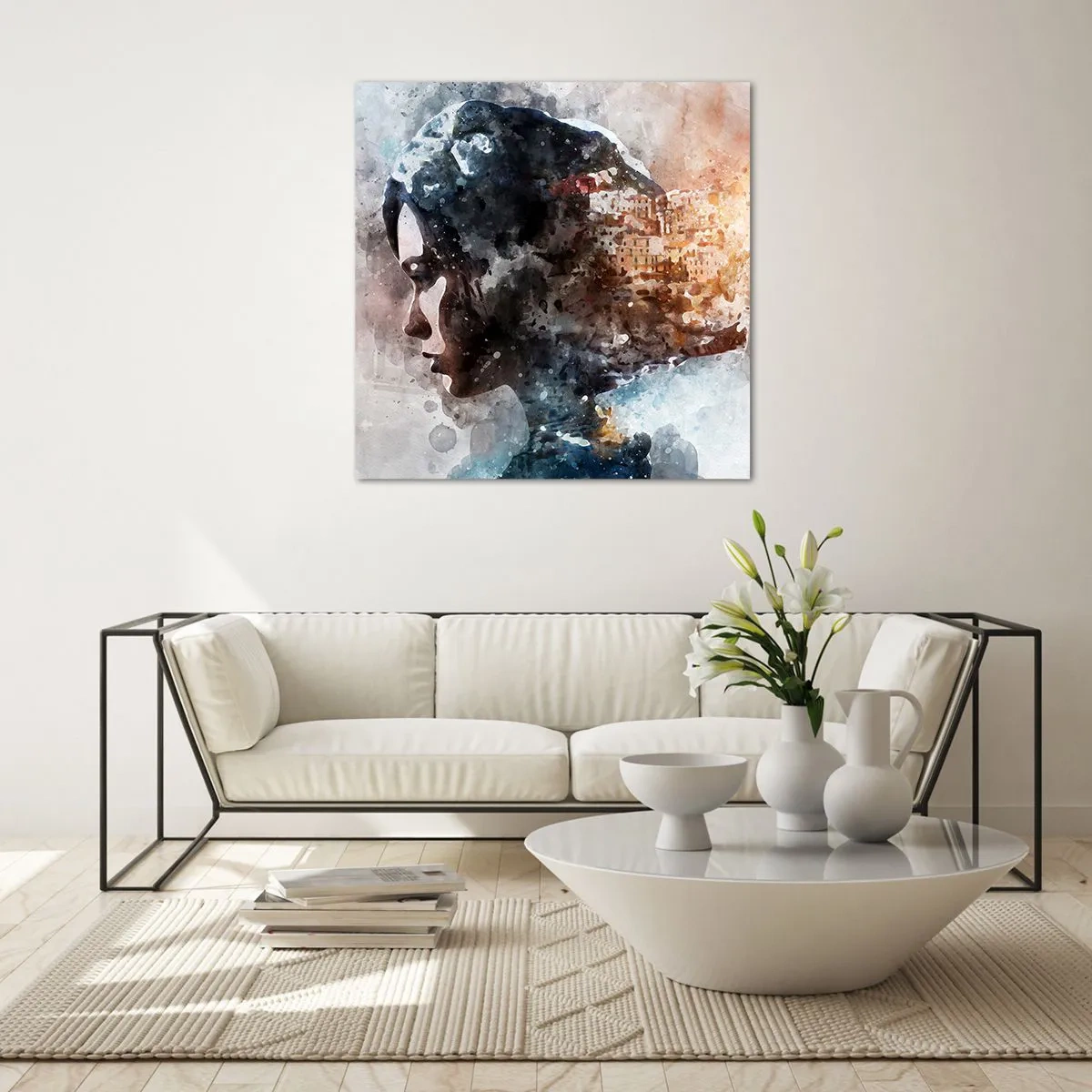 Obraz na skle - Príbeh o dievčati s mestom v pozadí - 60x60 cm