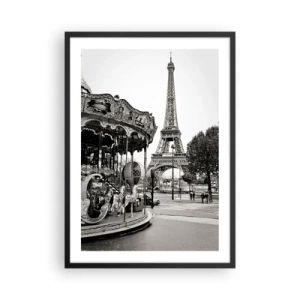 Plagát v čiernom ráme - Čiernobiela fotografia kolotoča a veže v pozadí - 50x70cm - Ak zábava, tak len v Paríži - Moderná nástenná dekorácia do obývacej izby a spálne ARTTOR