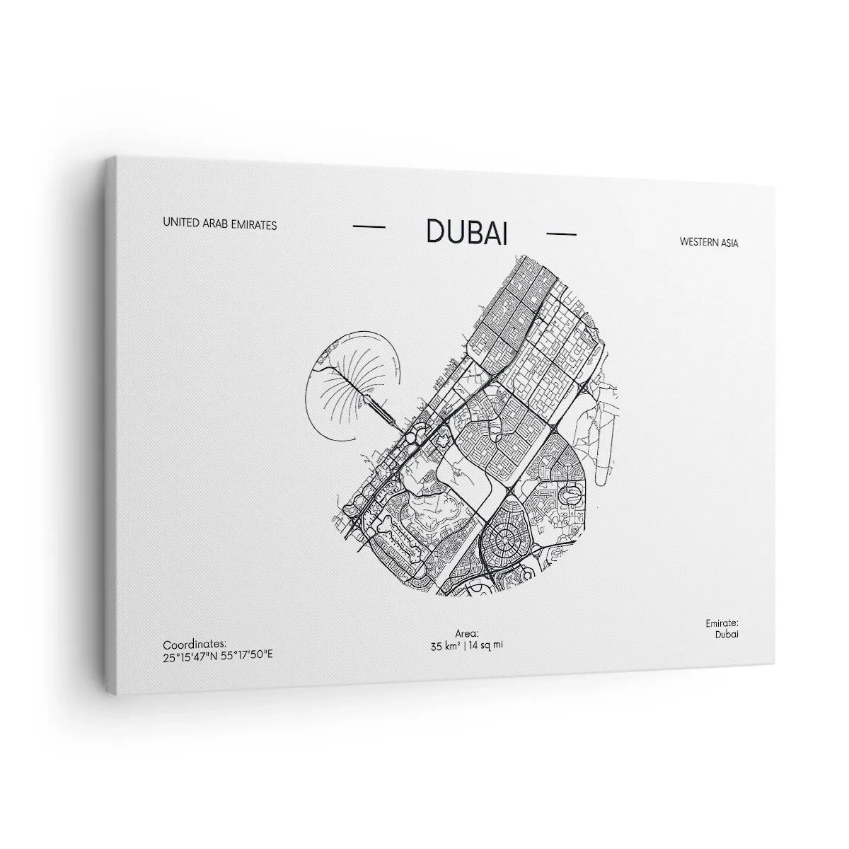 Obraz na plátne - Minimalistická čiernobiela mapa Dubaja s vyznačenými polohami. - 70x50cm - Anatómia Dubaja - Moderná nástenná dekorácia do obývacej izby a spálne ARTTOR