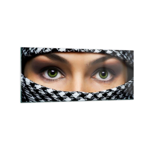 Obraz na skle - Portrét zahalenej zelenookej krásky - 120x50 cm