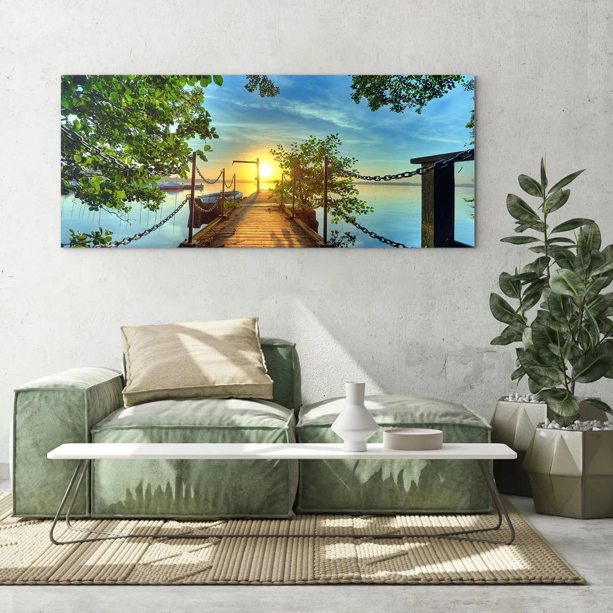 Obraz na skle - Západ pri vode - 100x40 cm