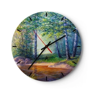Nástenné hodiny - Malebný brezový les s riekou osvetlenou slnečnými lúčmi - 30x30cm - Idylické prostredie - Moderná nástenná dekorácia do obývacej izby, kuchyne a spálne ARTTOR