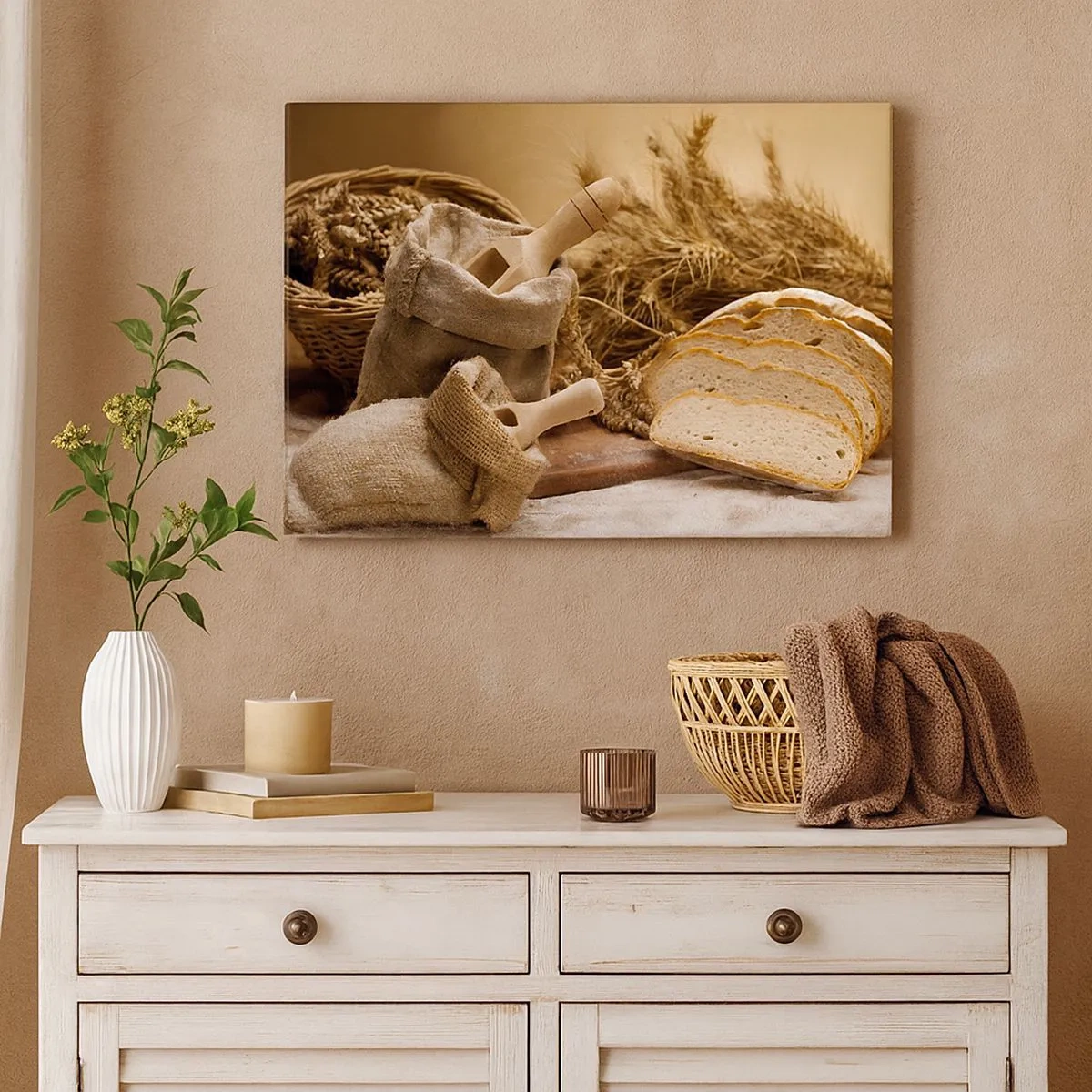 Obraz na plátne - Krajina s chlebom, múkou a klasmi obilia v rustikálnom štýle. - 70x50cm - Ako utnúť nožom - Moderná nástenná dekorácia do obývacej izby a spálne ARTTOR