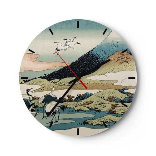 Nástenné hodiny - Japonská scéna s vtákmi na pozadí horskej krajiny - 30x30cm - V japonskom duchu - Moderná nástenná dekorácia do obývacej izby, kuchyne a spálne ARTTOR