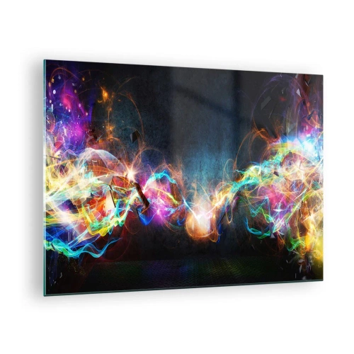 Obraz na skle - Abstraktné svetlá a farebná energia vo futuristickom štýle - 70x50cm - Radostne proti tme - Moderná nástenná dekorácia do obývacej izby a spálne ARTTOR