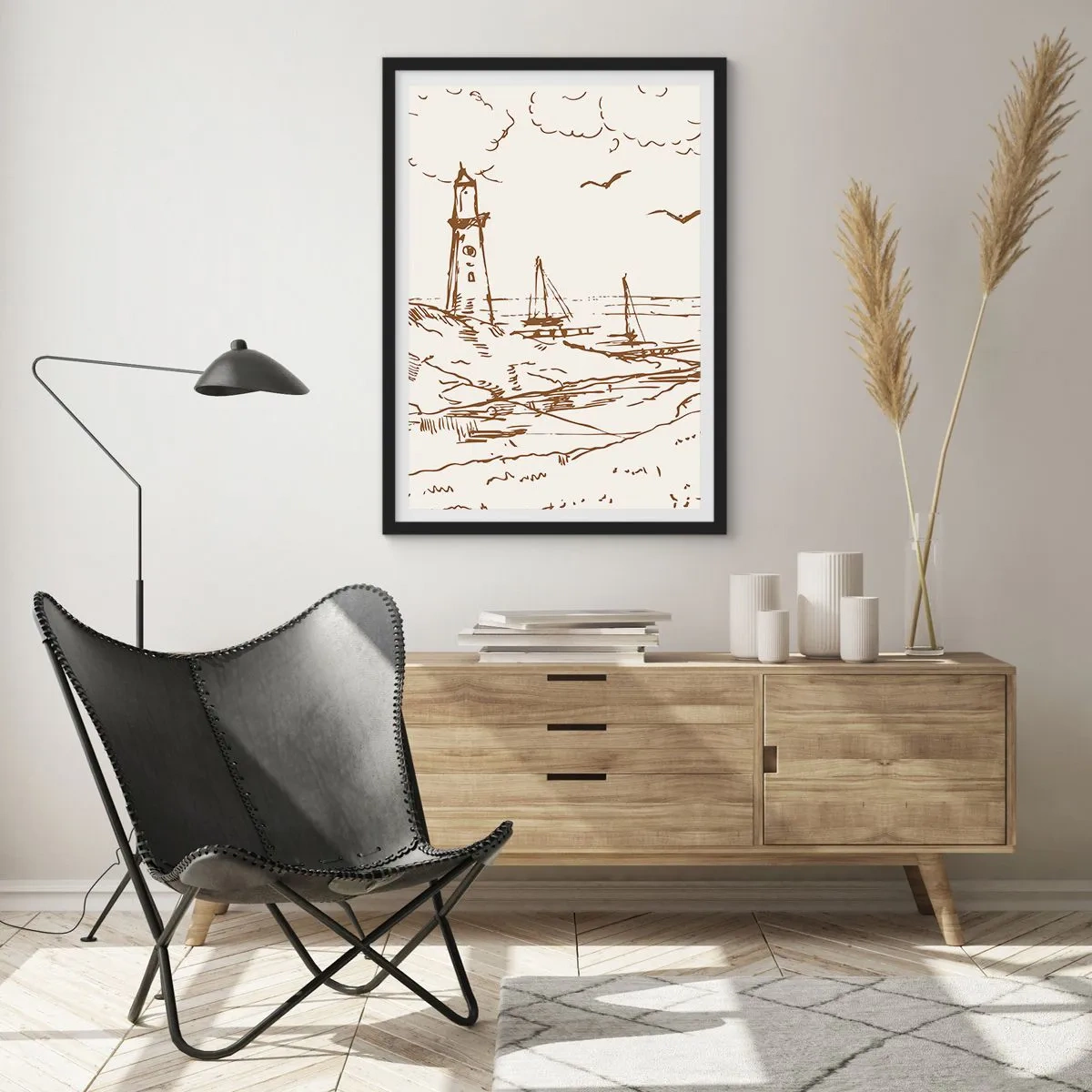 Plagát v čiernom ráme - Maják s loďkami a vtákmi - 50x70cm - Náčrt letných spomienok - Moderná nástenná dekorácia do obývacej izby a spálne ARTTOR