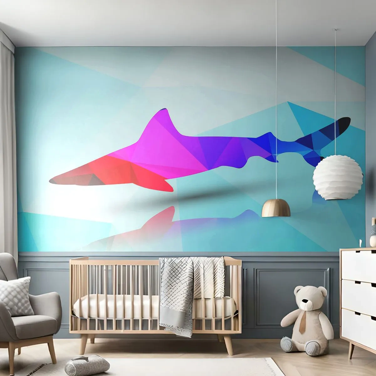 Fototapeta Premium Canvas - Žralok v kryštalickom priestore - Zvieratá, Žralok, Geometrický obrazec - 250x175 cm