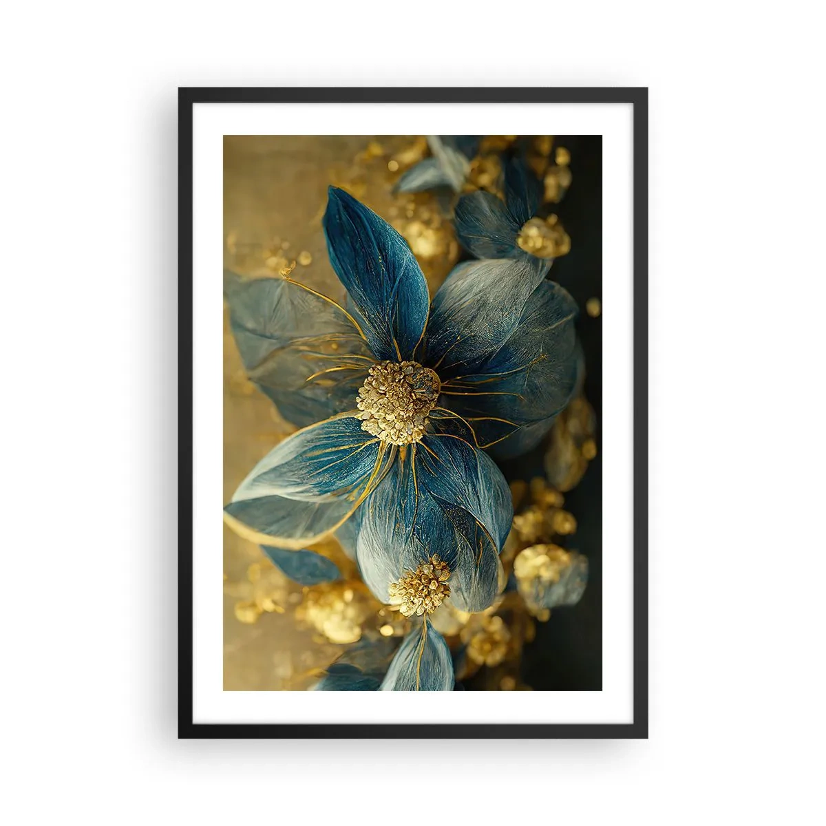 Plagát v čiernom ráme - Zlaté a tmavomodré kvety v elegantnej kompozícii - 50x70cm - Rozkvitnúť zlatom - Moderná nástenná dekorácia do obývacej izby a spálne ARTTOR