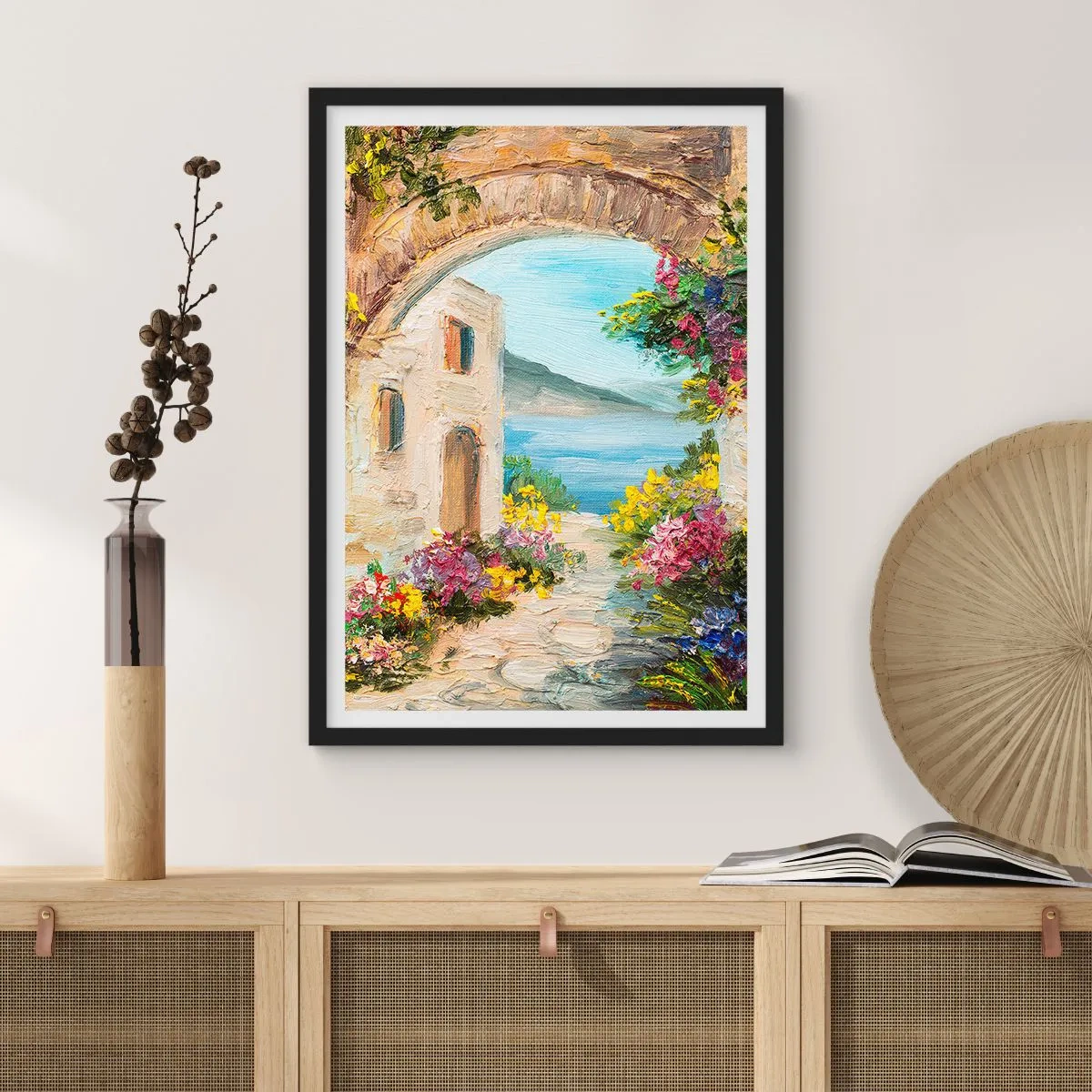 Plagát v čiernom ráme - Kamenný oblúk s výhľadom na more - 50x70cm - Pôvab pobrežnej krajiny - Moderná nástenná dekorácia do obývacej izby a spálne ARTTOR