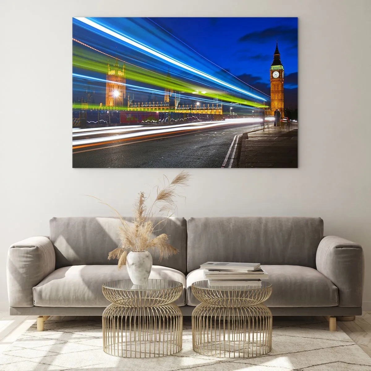 Obraz na skle - Big Ben v noci s rozmazanými svetlami auta - 70x50cm - Pod dohľadom Big Bena - Moderná nástenná dekorácia do obývacej izby a spálne ARTTOR