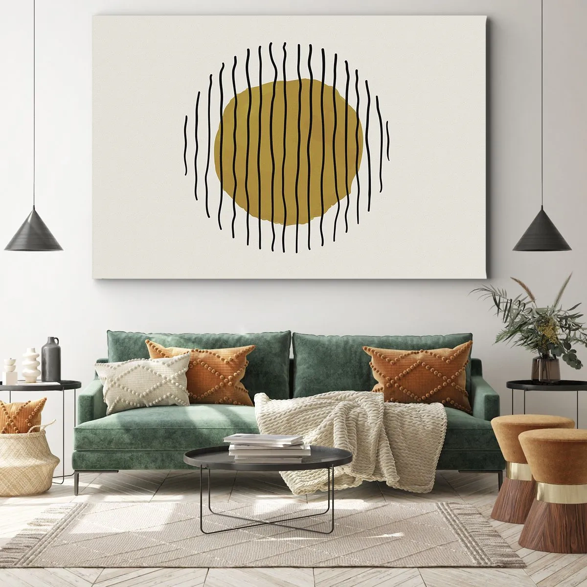 Obraz na plátne - Minimalistický motív so žltým kruhom a čiernymi čiarami. - 70x50cm - Abstrakcia kmitajúca žiarom - Moderná nástenná dekorácia do obývacej izby a spálne ARTTOR