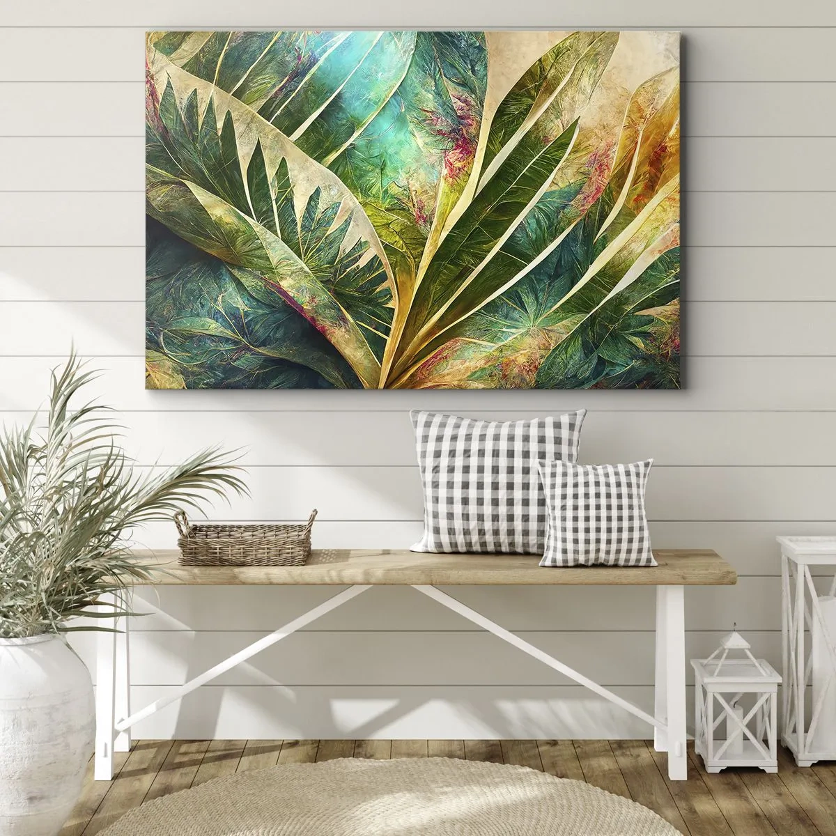 Obraz na plátne - Farebné tropické listy na svetlom pozadí - 70x50cm - Farby trópov - Moderná nástenná dekorácia do obývacej izby a spálne ARTTOR