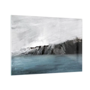 Obraz na skle - Abstraktná kompozícia v odtieňoch modrej, bielej a čiernej - 70x50cm - Voda – zem: stret živlov - Moderná nástenná dekorácia do obývacej izby a spálne ARTTOR