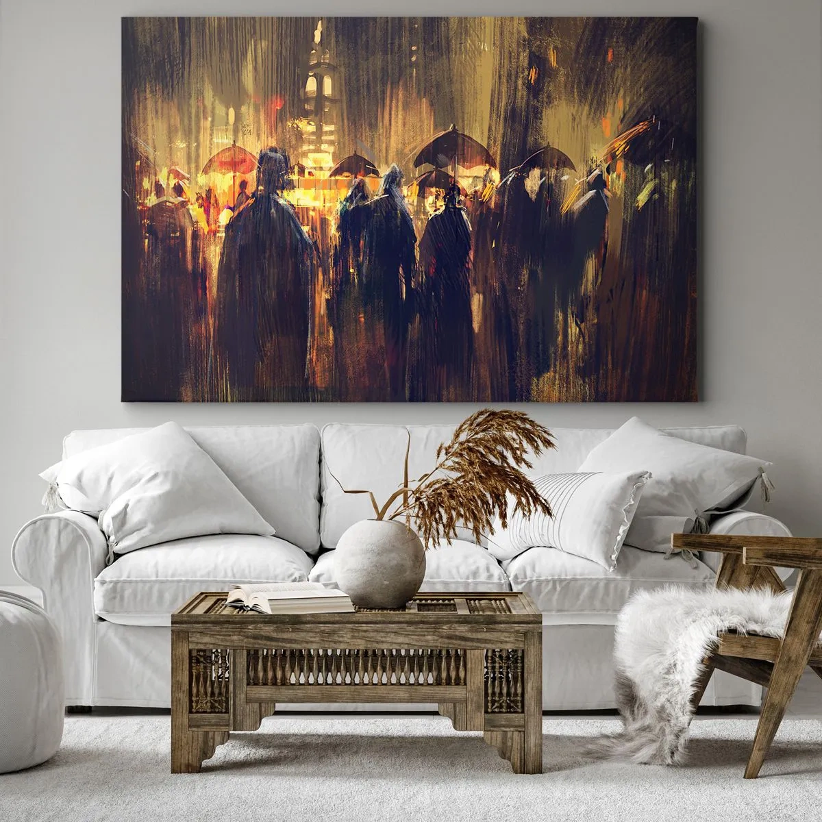 Obraz na plátne - Postavy s dáždnikmi v daždivom meste v noci - 70x50cm - Nasledovníci dažďa - Moderná nástenná dekorácia do obývacej izby a spálne ARTTOR