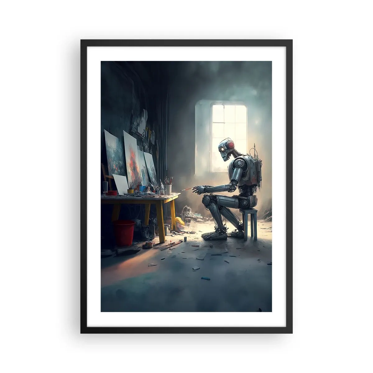 Plagát v čiernom ráme - Robotický umelec maľuje obrazy vo svojom ateliéri - 50x70cm - Akt stvorenia - Moderná nástenná dekorácia do obývacej izby a spálne ARTTOR