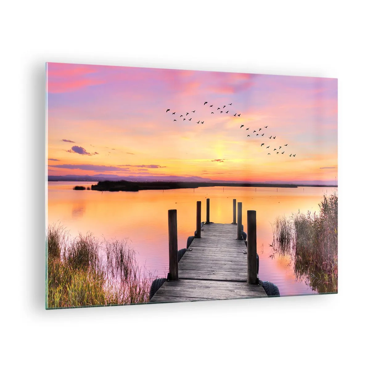 Obraz na skle - Mólo pri jazere pri západe slnka s vtákmi na oblohe - 70x50cm - Fialové tiché svitanie - Moderná nástenná dekorácia do obývacej izby a spálne ARTTOR