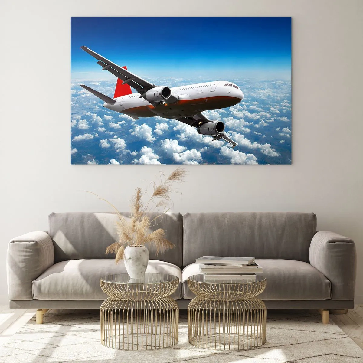 Obraz na skle - Osobné lietadlo letiace nad oblakmi na modrej oblohe - 70x50cm - Odtrhni sa od toho všetkého - Moderná nástenná dekorácia do obývacej izby a spálne ARTTOR