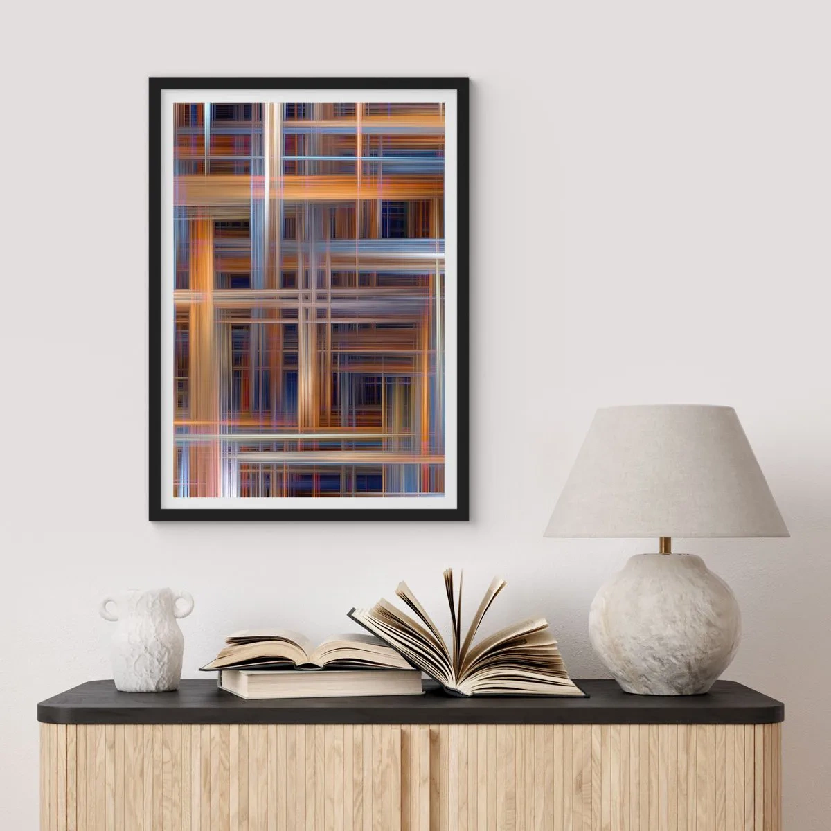 Plagát v čiernom ráme - Geometrické línie v teplých a studených farbách - 50x70cm - Utkané zo svetla - Moderná nástenná dekorácia do obývacej izby a spálne ARTTOR