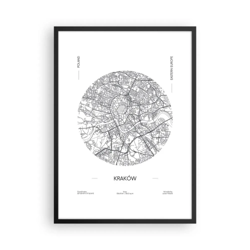 Plagát v čiernom ráme - Minimalistická mapa Krakova v kruhu - 50x70cm - Anatómia Krakova - Moderná nástenná dekorácia do obývacej izby a spálne ARTTOR