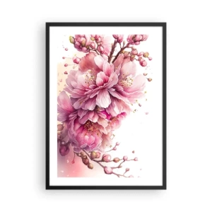 Plagát v čiernom ráme - Jemné ružové čerešňové kvety v plnom kvete na svetlom pozadí - 50x70cm - Kvet kvitnúcej čerešne - Moderná nástenná dekorácia do obývacej izby a spálne ARTTOR