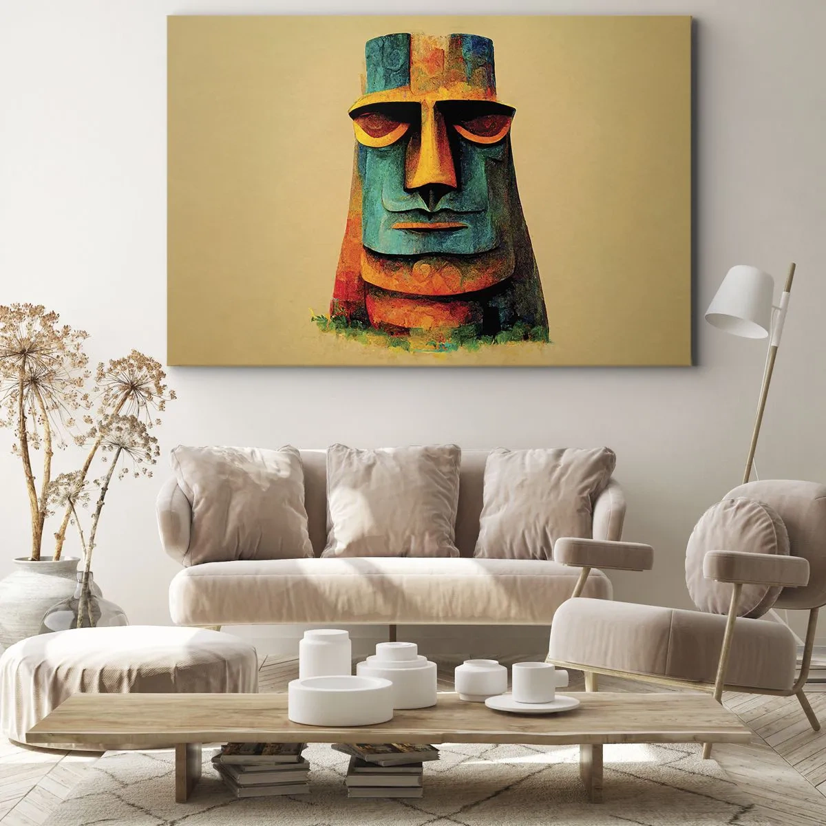 Obraz na plátne - Farebná socha z Veľkonočného ostrova - 70x50cm - Sošný, ale sympatický - Moderná nástenná dekorácia do obývacej izby a spálne ARTTOR