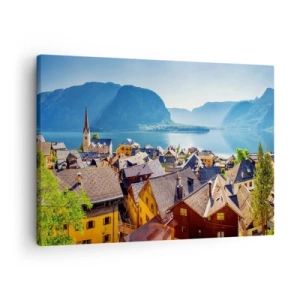 Obraz na plátne - Malebná dedinka na jazere obklopená horami za slnečného dňa - 70x50cm - Viac malebne to nejde - Moderná nástenná dekorácia do obývacej izby a spálne ARTTOR
