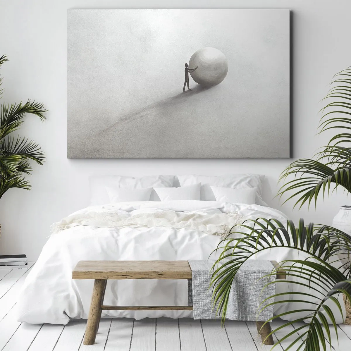 Obraz na plátne - Minimalistická postava s loptou na svetlom, monochromatickom pozadí. - 70x50cm - Hra života - Moderná nástenná dekorácia do obývacej izby a spálne ARTTOR