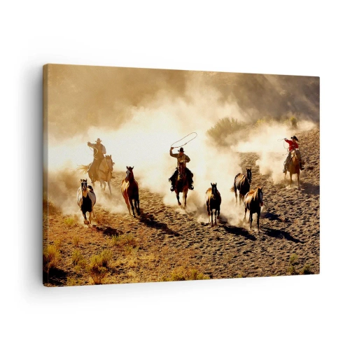 Obraz na plátne - Kovboji na koňoch v akcii v púštnom teréne - 70x50cm - Skutočne divoký západ - Moderná nástenná dekorácia do obývacej izby a spálne ARTTOR