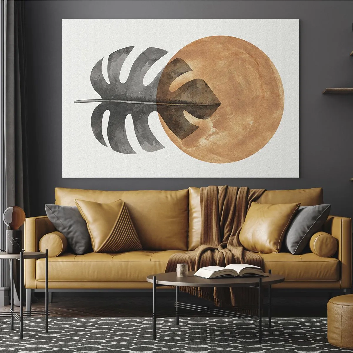 Obraz na skle - List monstery a oranžový kruh v grafickom štýle na bielom pozadí. - 70x50cm - Vždy slnko - Moderná nástenná dekorácia do obývacej izby a spálne ARTTOR