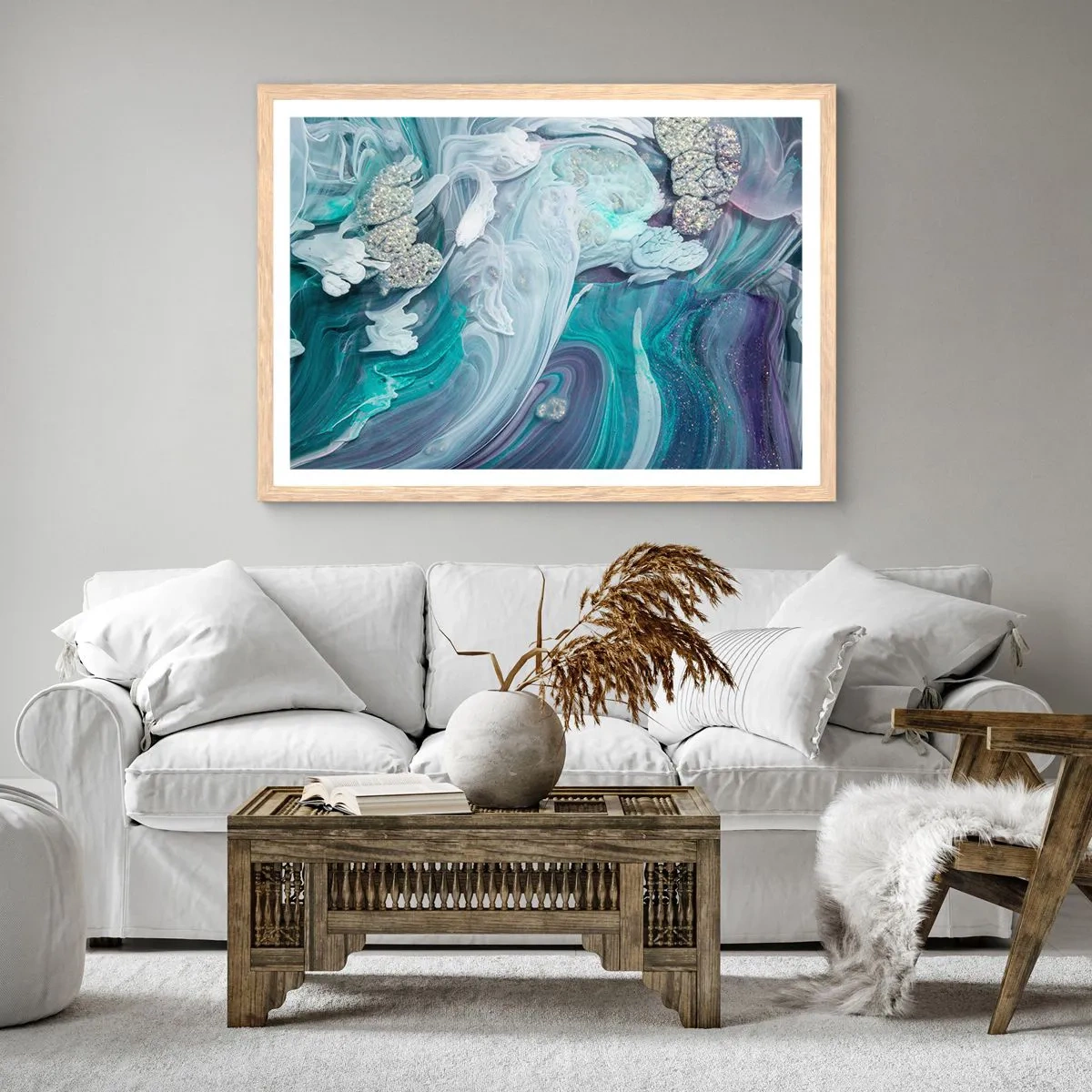 Plagát v ráme zo svetlého duba - Prúdy modrej - 91x61 cm