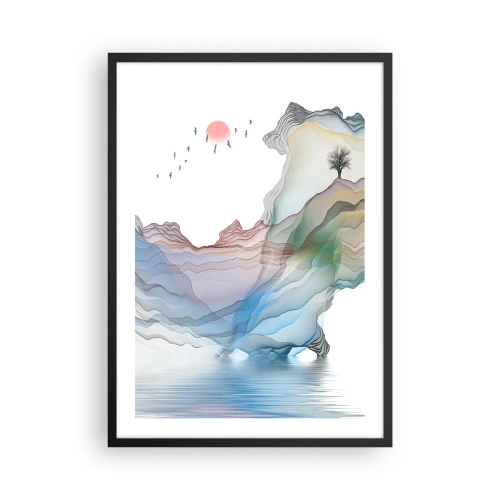 Plagát v čiernom ráme - Farebné, vrstvené hory nad pokojným jazerom so stromom - 50x70cm - Ku krištáľovým horám - Moderná nástenná dekorácia do obývacej izby a spálne ARTTOR