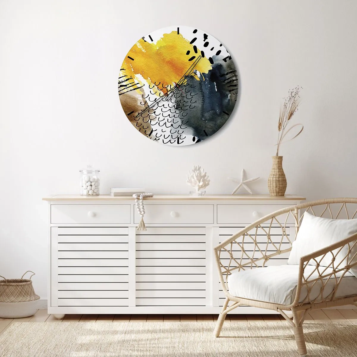 Nástenné hodiny - Abstraktný vzor v žltej, tmavomodrej a čiernej farbe - 30x30cm - Stretnutie živlov - Moderná nástenná dekorácia do obývacej izby, kuchyne a spálne ARTTOR
