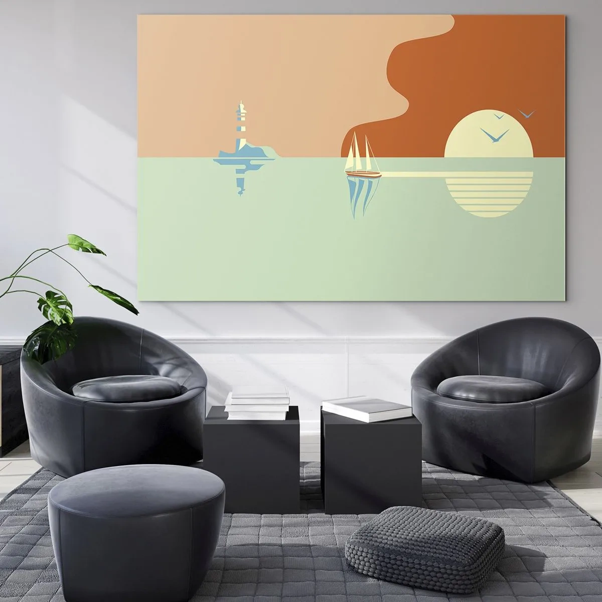Obraz na skle - Minimalistický západ slnka s plachetnicou a majákom - 70x50cm - Dokonalá morská krajina - Moderná nástenná dekorácia do obývacej izby a spálne ARTTOR