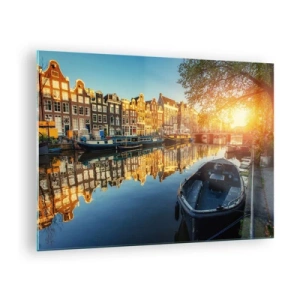 Obraz na skle - Amsterdamský kanál pri západe slnka - 70x50cm - Ráno v Amsterdame - Moderná nástenná dekorácia do obývacej izby a spálne ARTTOR