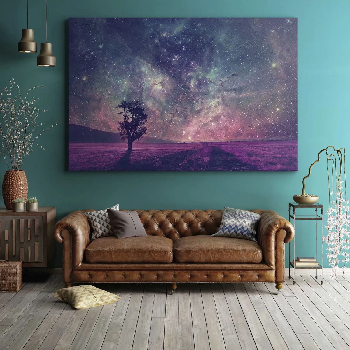 Obraz na plátne - Strom proti hviezdnej oblohe vo fialových a modrých farbách - 70x50cm - Pod magickou oblohou - Moderná nástenná dekorácia do obývacej izby a spálne ARTTOR