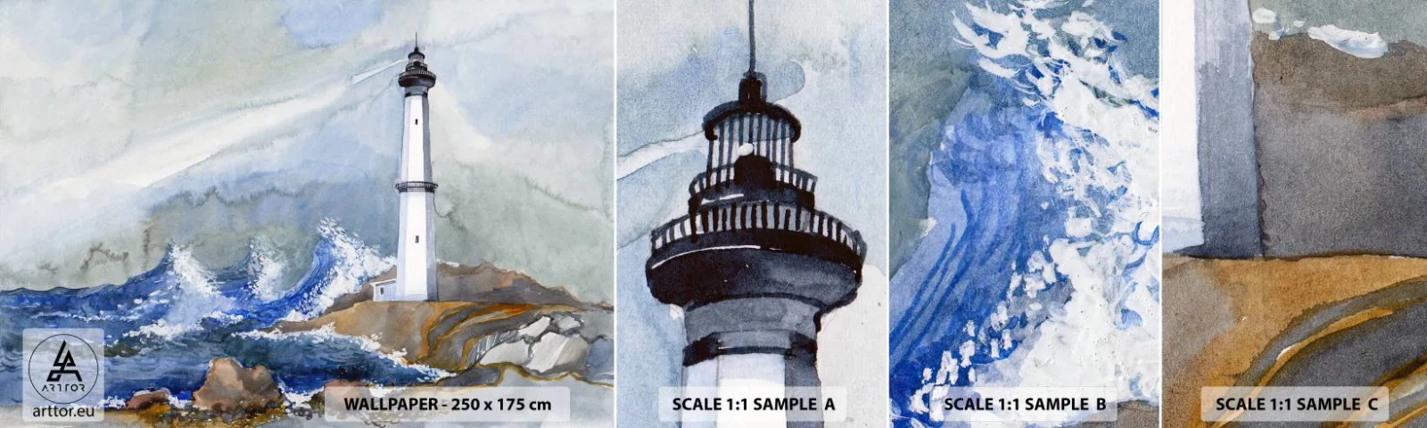 Vzorka samolepiacej fototapety Deluxe Sticker - Proti tme a hromobitiu - Maják, Krajina, oceán - 100x30 cm
