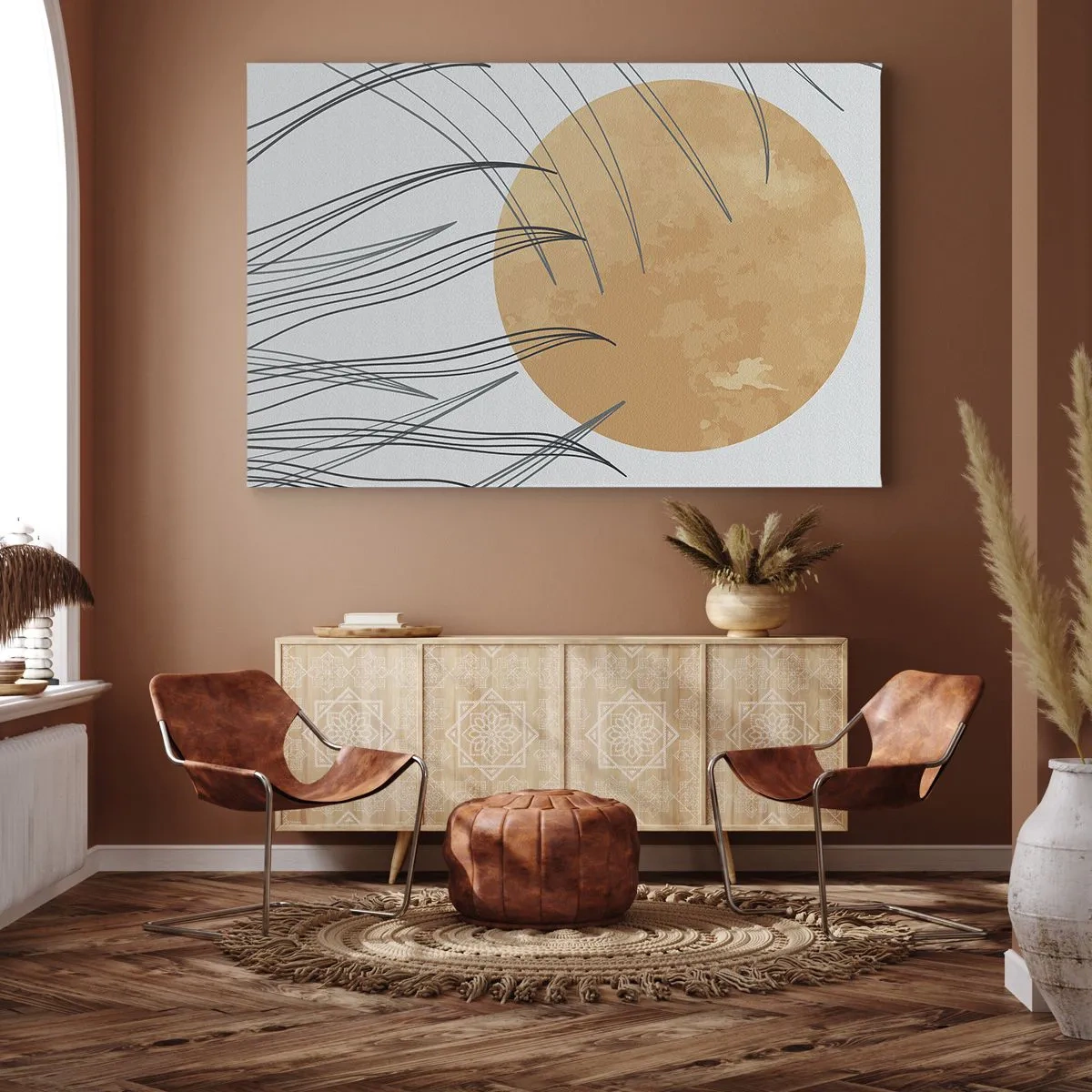 Obraz na plátne - Abstraktné steblá trávy na pozadí veľkého oranžového slnka - 70x50cm - Vždy ku slnku - Moderná nástenná dekorácia do obývacej izby a spálne ARTTOR
