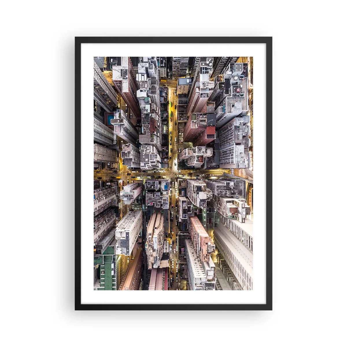 Plagát v čiernom ráme - Letecký pohľad na mesto v noci - 50x70cm - Pozdrav z Hongkongu - Moderná nástenná dekorácia do obývacej izby a spálne ARTTOR