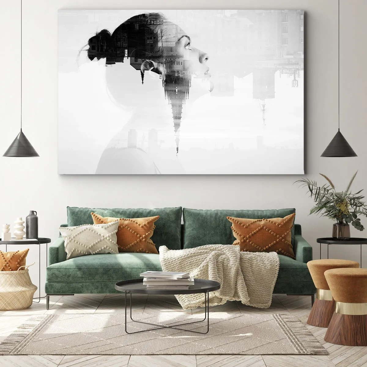 Obraz na plátne - Portrét ženy s obrysom mesta v pozadí, čiernobiele farby - 70x50cm - Z oboch strán okna - Moderná nástenná dekorácia do obývacej izby a spálne ARTTOR