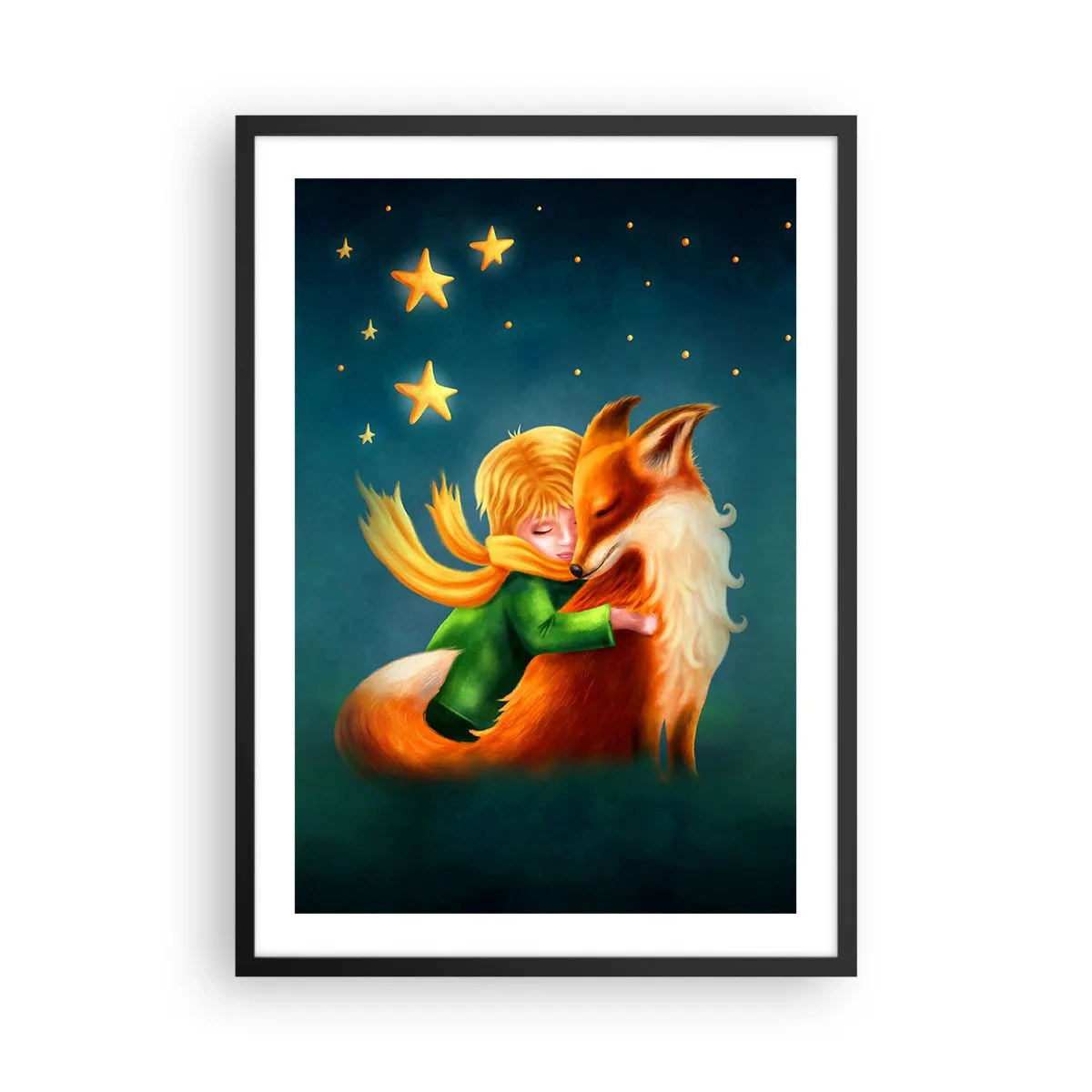 Plagát v čiernom ráme - Postava s líškou v magickej scenérii hviezd - 50x70cm - Malý princ - Moderná nástenná dekorácia do obývacej izby a spálne ARTTOR