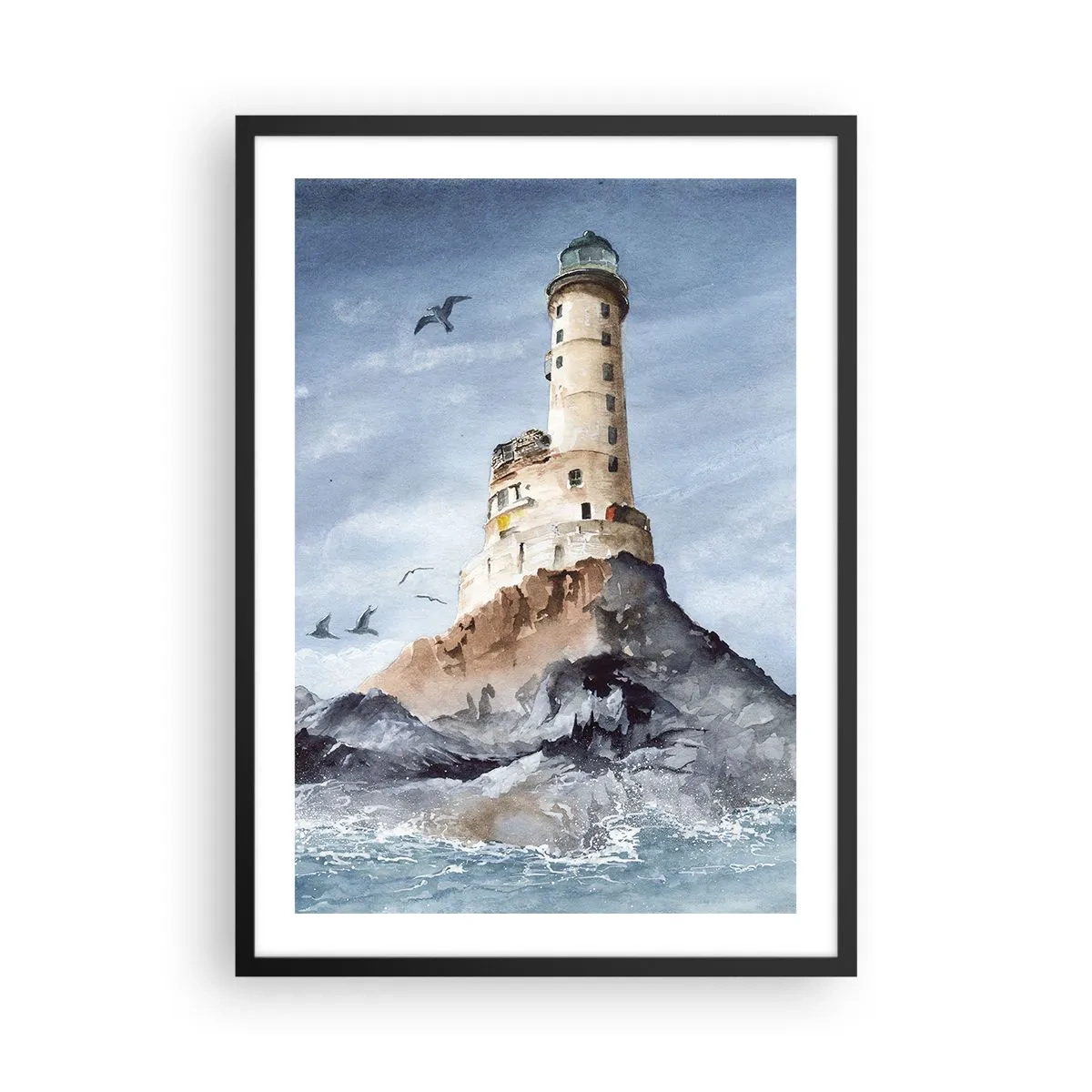 Plagát v čiernom ráme - Akvarelová maľba majáka na skalnatom pobreží - 50x70cm - Nepremožiteľná - Moderná nástenná dekorácia do obývacej izby a spálne ARTTOR