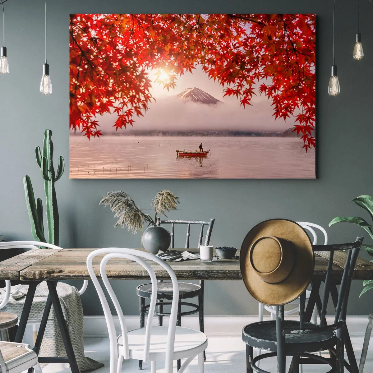 Obraz na plátne - Loď na jazere obklopená červenými javorovými listami - 70x50cm - V japonskom štýle - Moderná nástenná dekorácia do obývacej izby a spálne ARTTOR